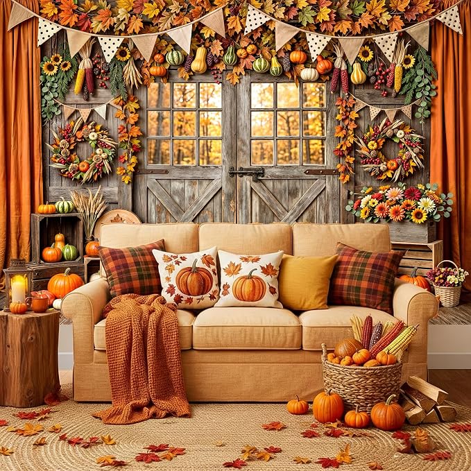 12 x 10 ft Fall Backdrop Barn Door Maple Leaves Pumpkin Design - Autumn Thanksgiving Harvest Friendsgiving & Birthday Party Decorations