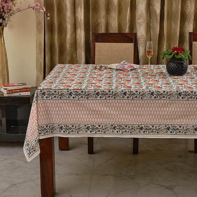 Ridhi Burnt Orange Hand Block Print Cotton Rectangle Tablecloth 120" x 80" inches Reusable Table Cover Decorative Everyday Use for Dining Room, Farmhouse, Home Gift for Spring, Mother's Day