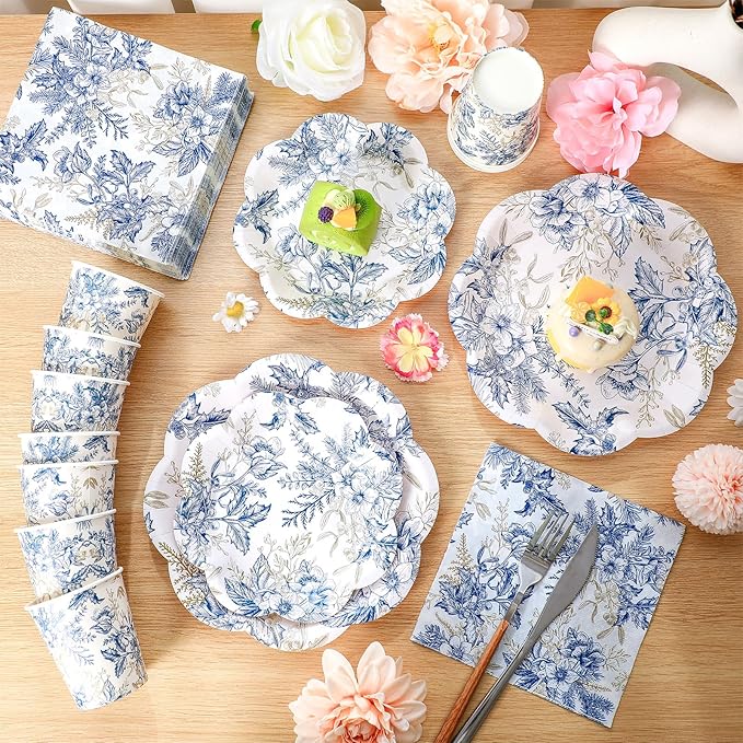 Newtay 250 Pcs Blue Floral Disposable Plates and Napkins Blue Gold Disposable Tableware Set for 50 Guests Paper Plates Napkins Cups for Wedding Bridal Shower Supplies