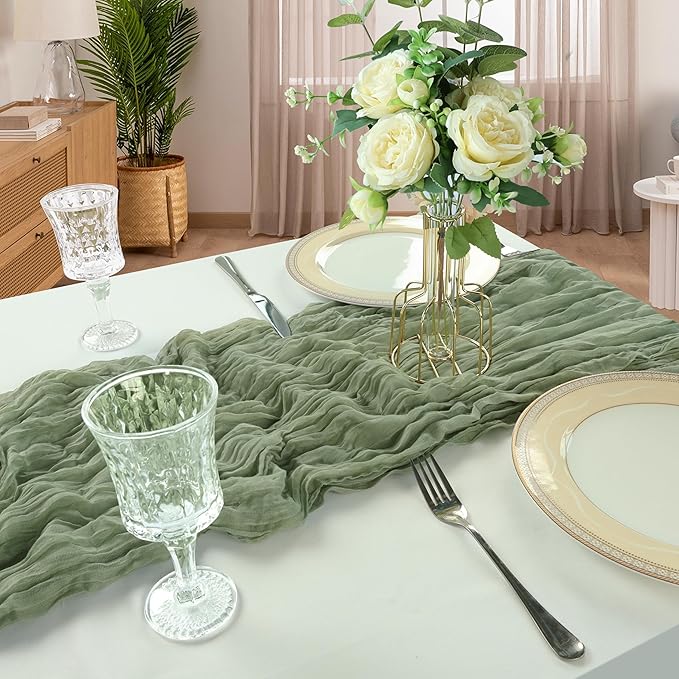 12 Pack 10FT Sage Green Cheesecloth Table Runner 120 Inch Long Gauze Rustic Boho Spring Cheese Cloth Table Runner Sheer Fabric Decorations for Holiday Party Wedding Banquet Bridal Baby Shower Décor