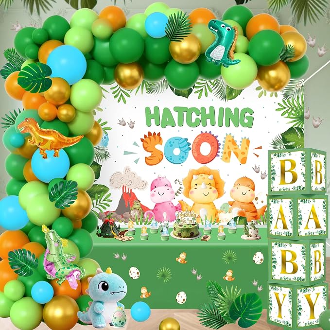 Hatching Soon Dinosaur Baby Shower Decorations for Boy, 96Pcs Jungle Theme Party Supplies with 4 Baby Boxes, 5x3ft Backdrop, Green Balloon Garland Arch Kit & Tablecloth for It's a Boy Reveal