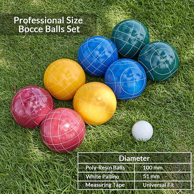 ApudArmis Bocce Balls Set, Regulation Size 100mm Bocce Game for Outdoor/Backyard/Lawn/Beach with 8 PCS 100% Poly-Resin Balls / 1 Pallino/Nylon Carrying Case/Measuring Rope (Red,Blue,Green,Yellow)