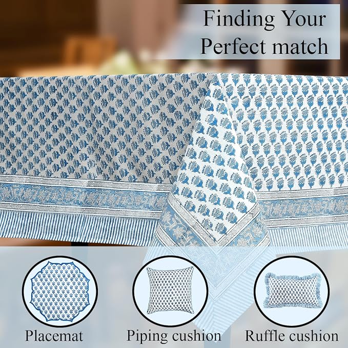 CPC Cotton Tablecloth 80x120 Inch Rectangle Indian Block Print Tablecloth- Blue Washable Wedding Table Cover for Thanksgiving/Christmas- Apatite Blue