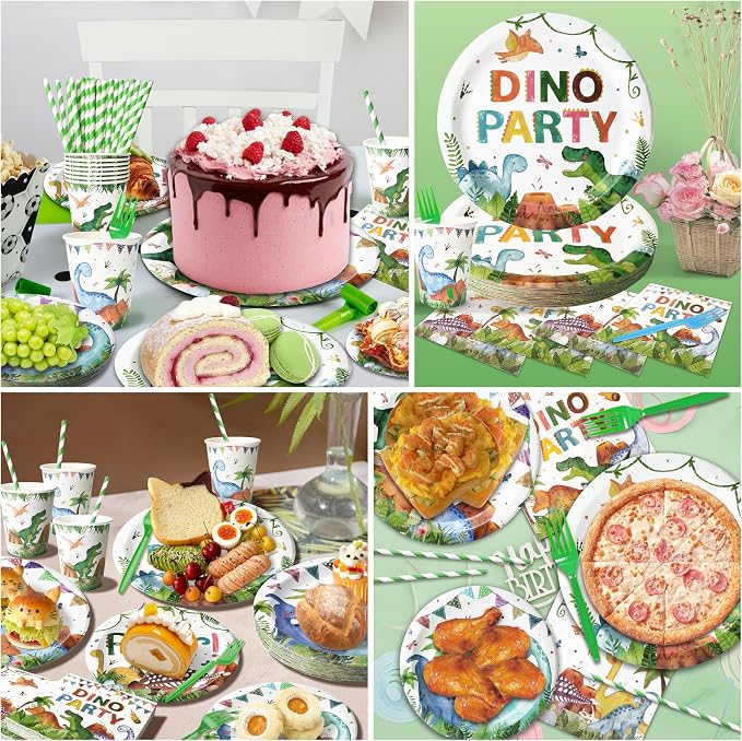 300 Pcs Dinosaur Plates and Napkins (Serves 50 Guests), Dinosaur Birthday Party Supplies Include Forks Cups Straws Tableware Set for Kids Party Decorations