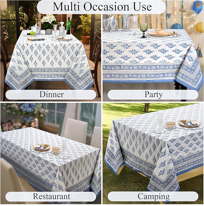 Ridhi Block Print Coastal Blue Rectangle Cotton Tablecloth 160" x 72" Reusable Table Cover Decorative Everyday Use for Dining, Farmhouse, Home Gift for Spring, Easter, Valentine