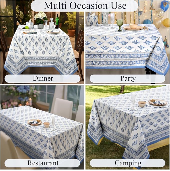 Ridhi Block Print Coastal Blue Rectangle Cotton Tablecloth 108" x 70" Reusable Table Cover Decorative Everyday Use for Dining, Farmhouse, Home Gift for Spring, Easter, Valentine