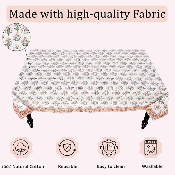 Ridhi Mughal Buta Peach Hand Block Print Cotton Rectangle Tablecloth 108" x 70" inches Reusable Table Cover Decorative Everyday Use for Dining Room, Farmhouse, Home Gift for Spring, Mother's Day