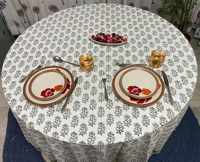 Ridhi Round Tablecloth Hand Block Print 100% Cotton Reusable Evergreen 90 Inch Table Cover Decorative Everyday Use for Dining, Home, Party, Wedding, Farmhouse, Party Gift for Spring, Mother's Day
