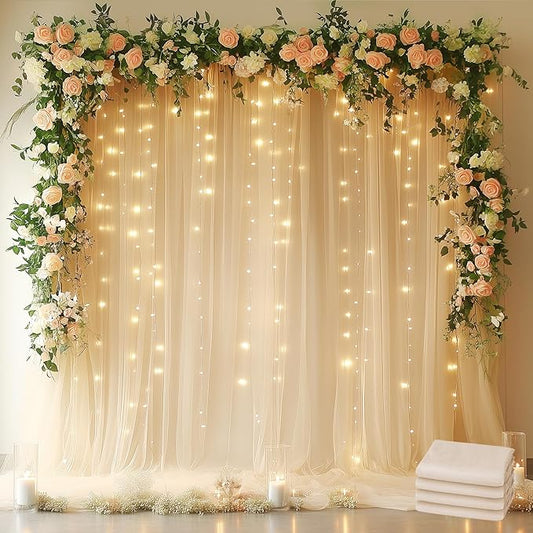 Fomcet Tulle Backdrop Curtains Champagne 20FT X 10FT Tulle Curtains with Lights String Sheer Backdrop Curtain for Parties Wedding Baby Shower Photo Shoot Decorations (4 Panels 5x10FT)