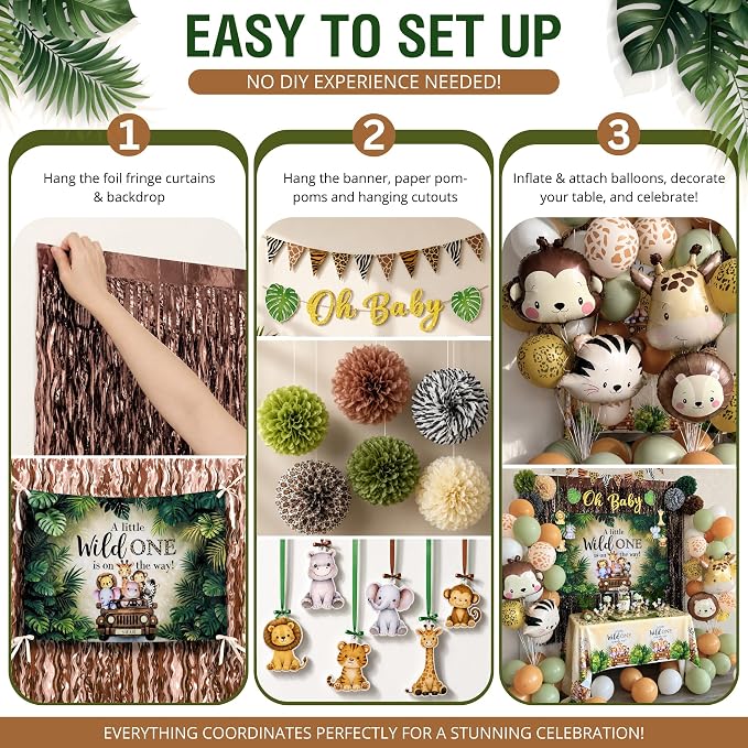 272 Pc Safari Baby Shower Decorations, Jungle Animal Party Set | Safari and woodland baby shower decorations; jungle and forest animal styles with backdrop, balloons, banner, sash
