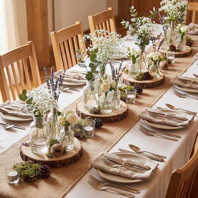 Tioncy Burlap Table Runner Kit Rustic Farmhouse Party, Natural Burlap Table Runner and Wood Centerpieces for Wedding,Christmas, Baby Shower,Birthday, Kitchen Coffee(50ft,6 Pcs)