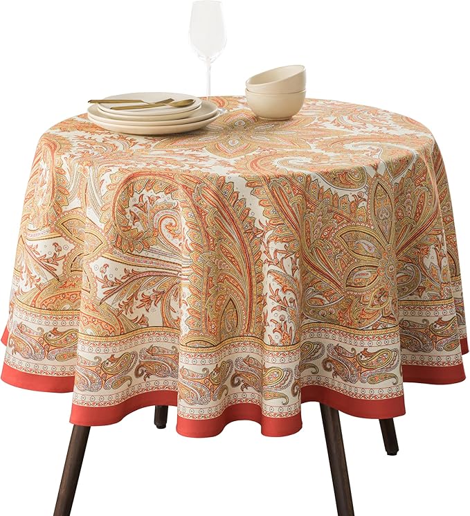 Maison d' Hermine Table Cloth Round Table 100% Cotton 63 Inches Fall Tablecloth Reusable Everyday Use for Thanksgiving Christmas Decorations Dining Farmhouse Party (Kashmir Paisley)