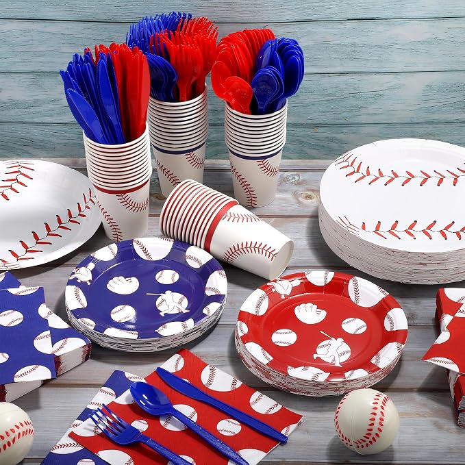 Kochorie 400 Pieces Baseball Disposable Tableware Sets, Baseball Party Supplies with Plates Cups Napkins Cutlery Serves 50 for Birthday Sports Party Decorations