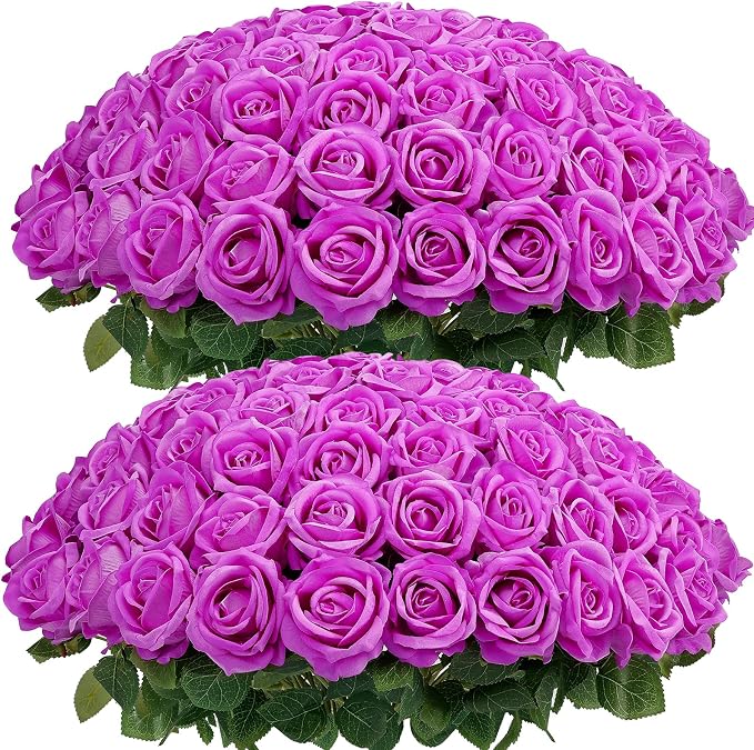 Auihiay 60PCS Artificial Roses, Magenta Roses, Velvet Silk Roses, Realistic Artificial Flowers for Valentine's Day Gift, Wedding Centerpieces & Romantic Home Floral Decor