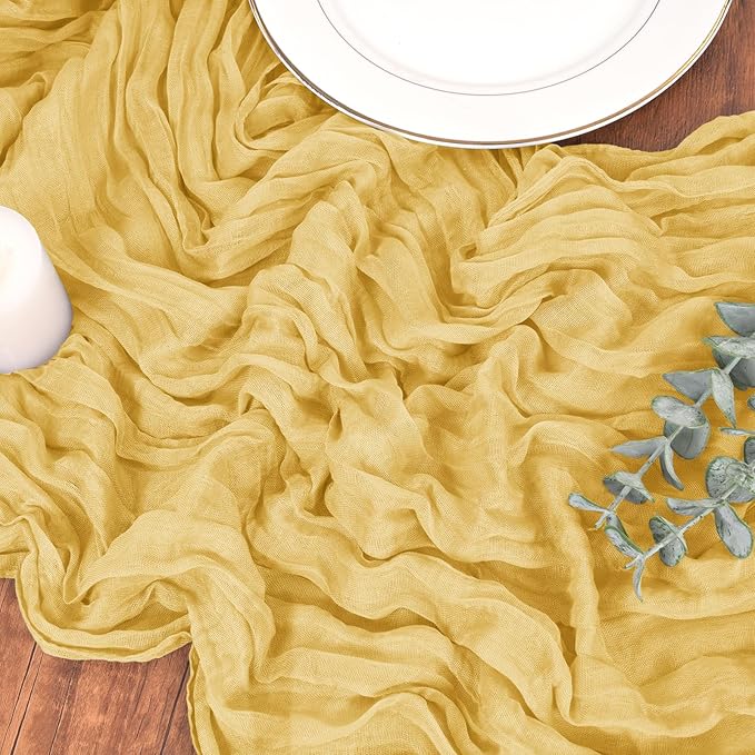 10 Pack Cheesecloth Table Runner Gold, Rustic Boho Gauze Fabric Table Runner Romantic Table Runner for Wedding, Festival, Birthday, Anniversary, Dinner and Outdoor Events (17.7 x 108 inch)
