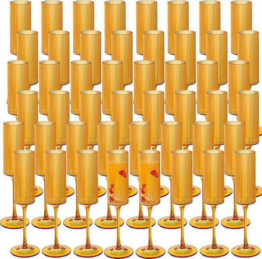 JLYLOL 48 Pcs Amber Plastic Champagne Flutes 6OZ Large Ribbed Champagne Glasses Toasting Glass Plastic Goblets for Parties Vintage Mimosa Bar Glasses Elegant Stemmed Drinking Cups for Wedding Bride