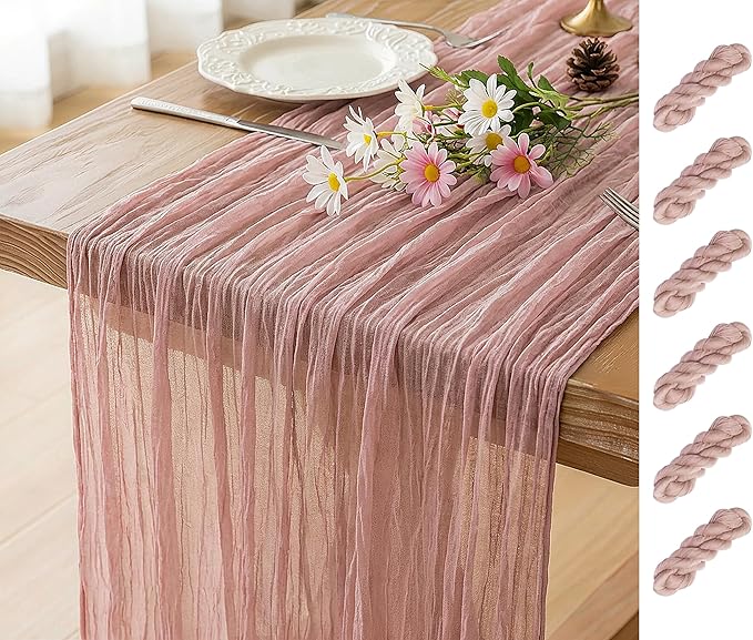 FEXIA 6 Pack Table Runner Dusty Pink Cheesecloth 35x120 Inches Boho Gauze Spring Easter Table Runner for Wedding Decor Reception Bridal Shower Centerpiece Engagement