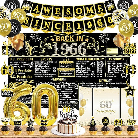 Trgowaul 60th Birthday Decorations for Men Women, 32PCS Back in 1966 Birthday Party Supplies, Vintage Black Gold Birthday Banner, 60th Birthday Alternative Signature Guest Book, Cheers to 60 Years Old