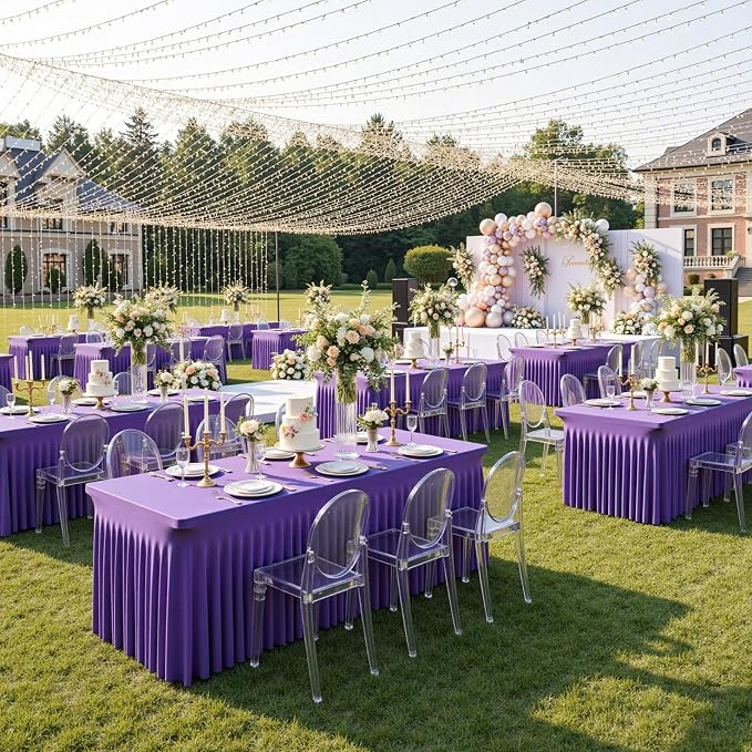 4 Pack Purple Spandex Tablecloths for 6 Foot Rectangle Tables, Wrinkle Free Stretchy Table Cloths 6ft Fitted Table Cover DeskSkirt for Weddings Birthday Party Banquet Baby Shower