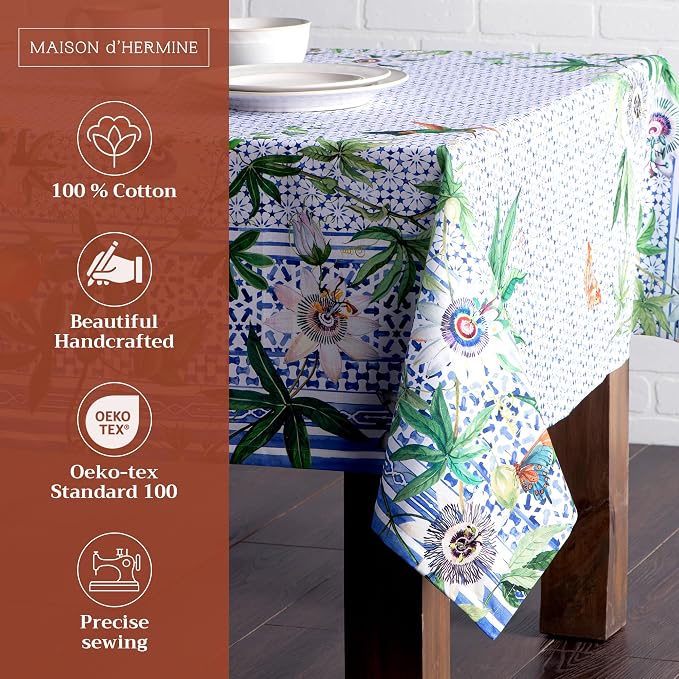 Maison d' Hermine Table Cloth Rectangle Table 100% Cotton 54 x 72 Inches Tablecloth Reusable Decorative for Dining Kitchen Room Farmhouse Party Home Hotel Restaurant Spring Summer - Passiflora