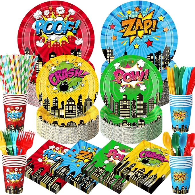 450 Pcs Hero Theme Tableware Set Decorations, Hero Action Themed Disposable Paper Plates Napkins Cups Cutlery Straws for Comic Birthday Baby Shower Party Supplies, Dinnerware Serves 50