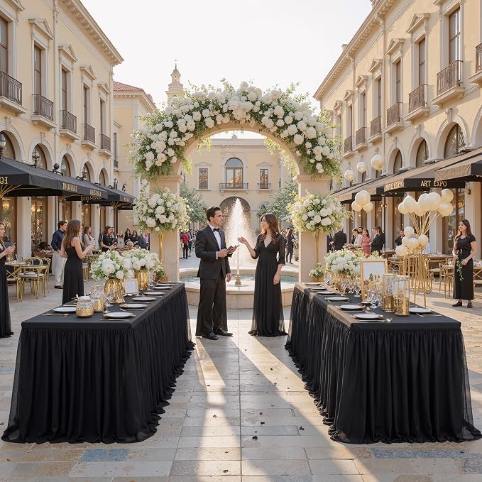 familus 6ft Black Spandex Fitted Tablecloth with Tulle Table Skirt - 2-in-1 Structured Tutu Table Cover for Weddings, Trade Shows, Banquets & Professional Events