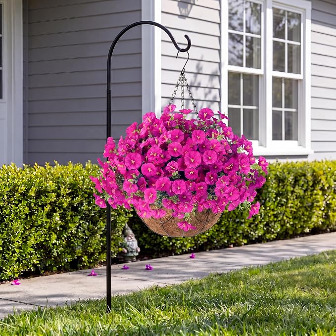 Sggvecsy Artificial Flowers for Outdoors with Baskets Hanging Plant Faux Flowers UV Resistant Fake Silk Morning Glory with Eucalyptus for Planter Porch Garden Home Spring Summer Decoration(Fuchsia)