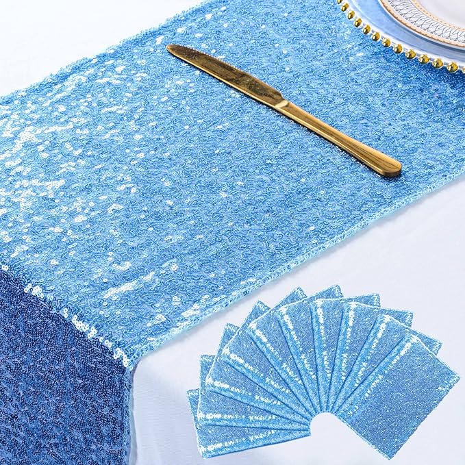 ShinyBeauty Sequin Table Runners Baby Blue 12x108 Inch 10PCS Sparkle Fabric Table Cover Runner 108" Long Birthday Party Supplies Glitter Decorative Table Linens for Wedding Banquet Baby Shower