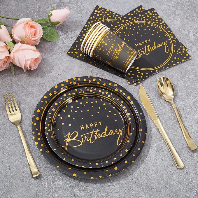 175PCS Happy Birthday Disposable Dinnerware Set Party Supplies, Paper Black Gold Plates and Napkins with Gold Plastic Forks Knives Spoons Serve 25 Guests for Birthday Party Decoration