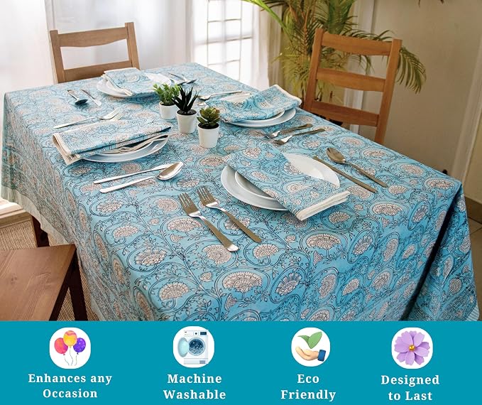 Block Print Table Cloth- 54x108 Inch Rectangle 100% Cotton Handmade Pre-Shrink, Washable Kitchen & Dining Perfect for Patio, Indoor & Outdoor, Farmhouse
