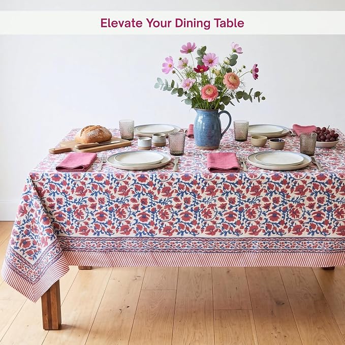 ATOSII Nora 100% Cotton Rectangle Spring Summer Tablecloth, Handblock Floral Print Linen Table Cloth for Kitchen Dining I Parties, Weddings, Outdoors, Easter Decor 60 X 108 Inches, 8 Seater