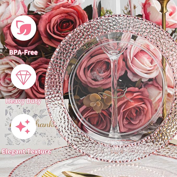 HOMIP 60PCS Clear Plastic Plates with Rose Gold Stone Texture rim - Disposable Party Crystal Plates Include 30PCS 10" Dinner Plate & 30PCS 7" Dessert Plate Perfect for Wedding & Party