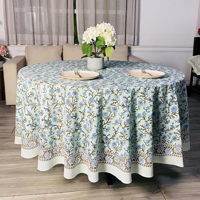 Ridhi Round Tablecloth Hand Block Print 100% Cotton Reusable Laurel & Army Green 60 Inch Table Cover Decorative Everyday Use for Dining, Home, Party, Wedding, Farmhouse Gift for Spring, Mother's Day