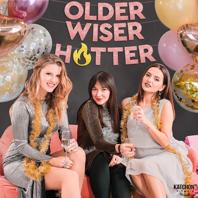 KatchOn, Glitter Older Wiser Hotter Banner - No DIY, 10 Feet | Rose Gold Birthday Banner, Birthday Decorations For Adult Women | 30th 40th 60th 70th 50th Birthday Decorations Sign