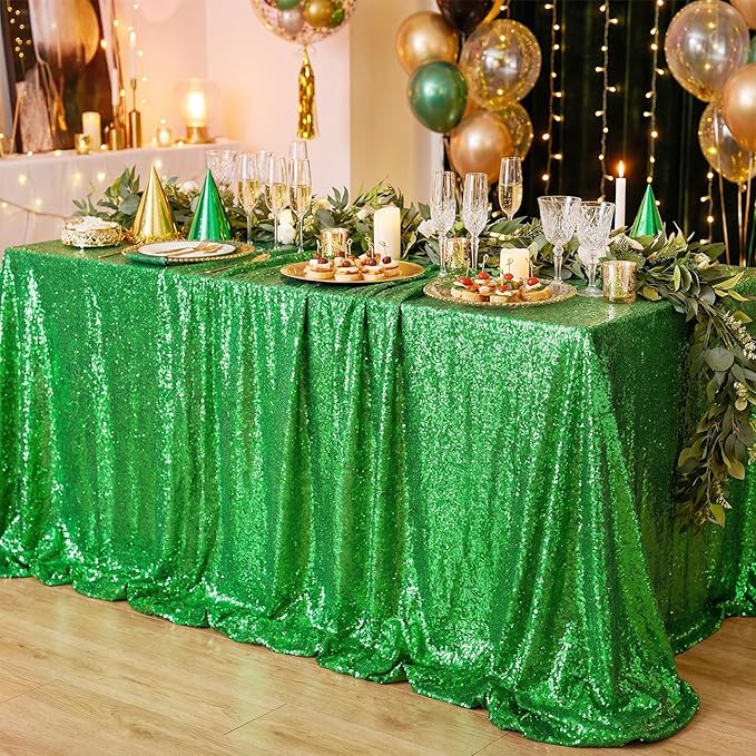 QueenDream Rectangle Tablecloth 90x132 Inches Green Sequin Table Clothes Overlay Birthday Decorations