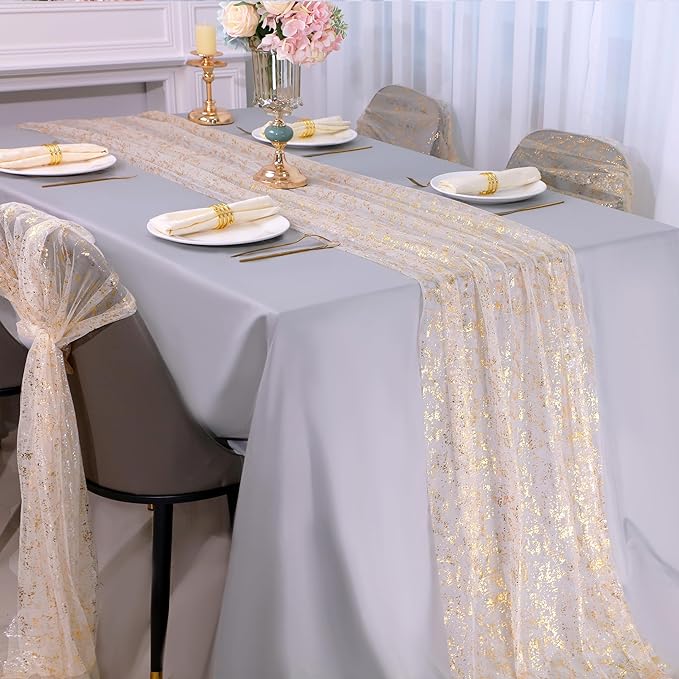 Snowkingdom 10 Pack 10ft Gold Table Runners, Sheer Chiffon Tulle Cheesecloth Sequin Glitter Metallic, Golden Centerpieces Table Decorations for Party Wedding Christmas Birthday Bridal Baby Shower