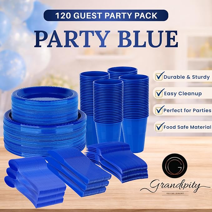 720 Piece Blue Disposable Dinnerware Set (120 Guests) Plastic Dinnerware Set Disposable - 120 Count, 9" Dinner Plates, 7" Dessert Plates, 12oz Cups, Forks, Knives & Spoons- Plastic Party Plates Set