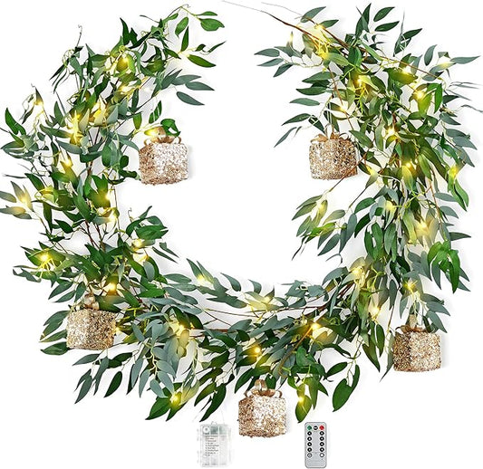 Artificial Willow Garland with Lights & Ornaments – 2-Pack Lighted Greenery Vine, Battery Fairy Lights with Remote & Timer for Mantels, Weddings, Fireplace, Holidays, Parties & Everyday Home Decor