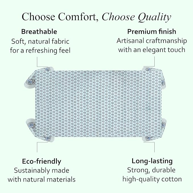 CPC Tablecloth 100% Cotton 70x118 Inch Indian Block Print Rectangle Table Cover, Washable Table Cloth for Weddings, Spring/Summer, Barbeque - Poppy Blue