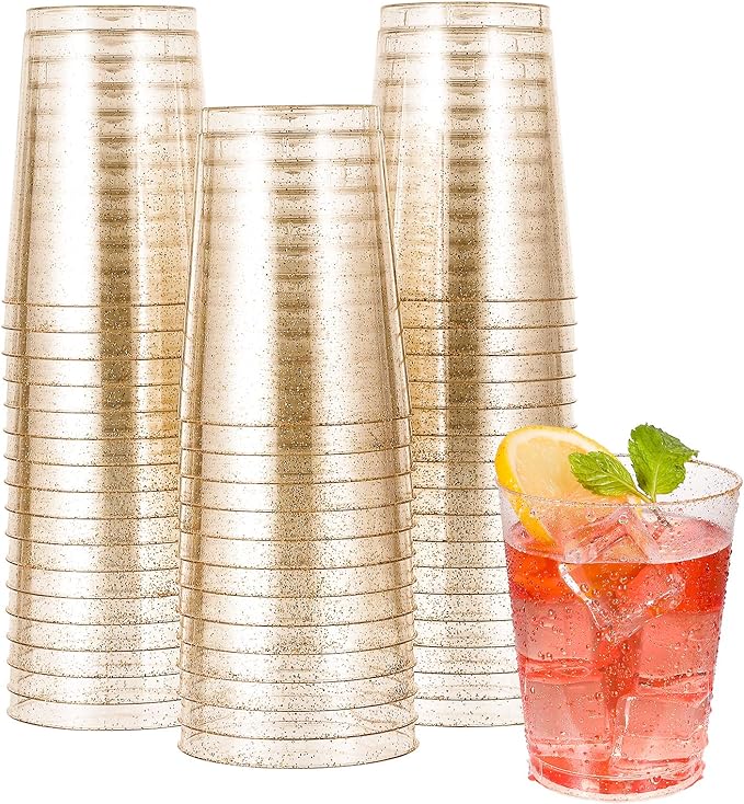 JOLLY CHEF 50 Pack 10 oz Gold Plastic Cups, Disposable Gold Glitter Plastic Cups Perfect for Wedding, Thanksgiving, Halloween,Christmas Parties