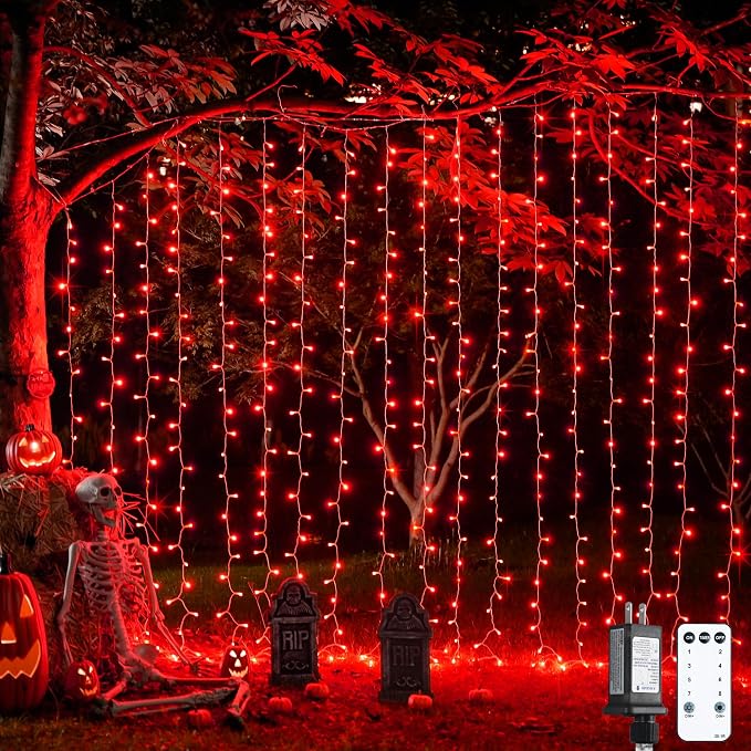 JMEXSUSS 300LED Hanging Curtain Lights with Remote, 9.8x9.8ft Plug in, Red Christmas String Lights for Bedroom Wall Window Backdrop Indoor Outdoor Xmas Halloween Decor