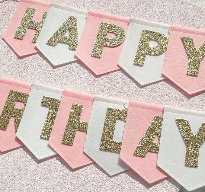 Felt Pink Gold White Happy Birthday Banner Birthday Decorations for Women Girls Boys Men Pets Handmade Party Backdrop