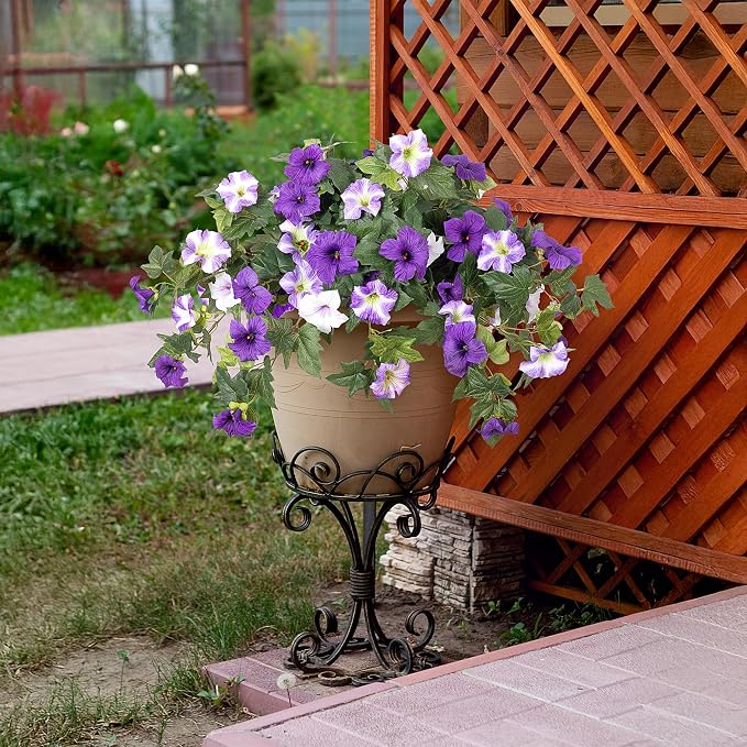 Ammyoo Artificial Fake Flowers Plants for Outdoor Decoration, 2PCS Faux Petunias Silk Flower UV Resistant No Fade for Home Outside Garden Balcony Yard Porch Realistic Indoor Decor (Purple White)