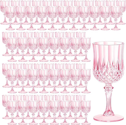 7OZ Plastic Wine Glasses, Reusable Vintage Goblets Unbreakable Drinking Glasses Crystal Water Cups Champagne for Wedding, Parties, Mother's Day (100, Pink)