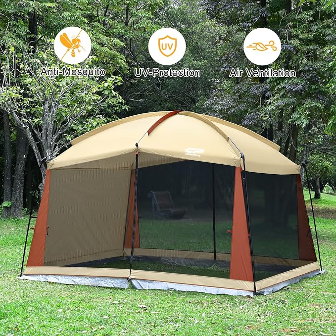 CAMPROS CP Screen House Room with 1 Pc Removal Wind/Sun Panel Canopy Tent Camping Tent Screen Shelter Gazebos for Patios Outdoor Camping Activities, 12'X10'X90in(H) - Beige