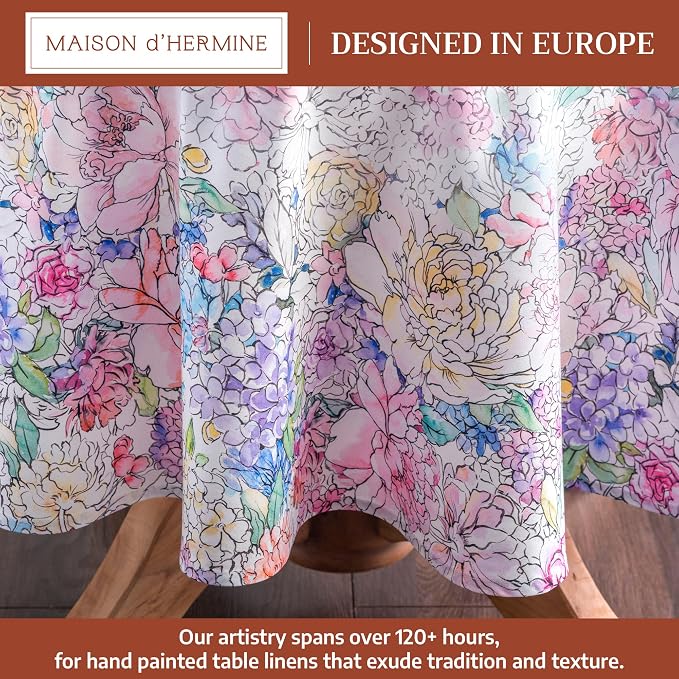 Maison d' Hermine Table Cloth Round Table 100% Cotton 63 Round Inches Tablecloth Reusable Decorative for Dining Kitchen Room Farmhouse Party Home Hotel Restaurant Spring Summer - Floral Love