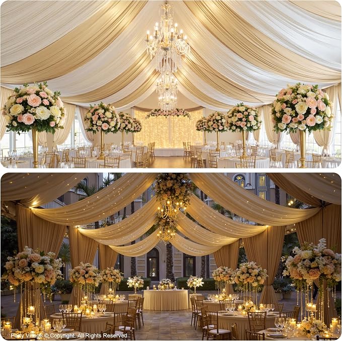 20ftx40ft Champagne Khaki Ceiling Curtain for Wedding Parties – 4 Panels Wrinkle-Free 40 FT Long Tent Draping Curtains for Wedding, Birthday & Theme Parties, 40ft Height with Rod Pocket