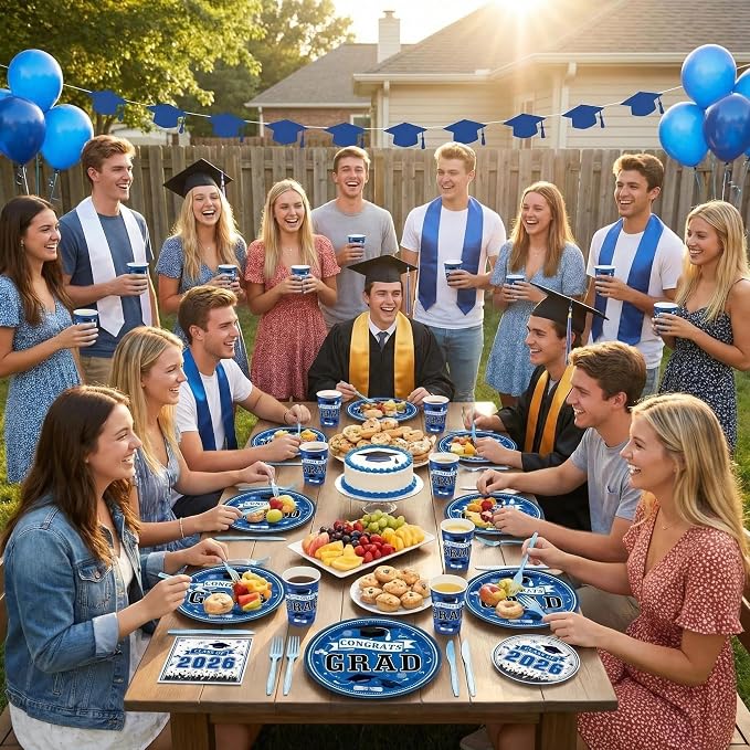 168PCS 2026 Blue Graduation Party Tableware Set Serves 24 Guests, Paper Plates Cups Napkins Cutlery for Small Family High School College Grad Party Decor