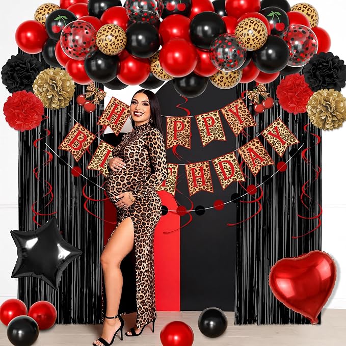 Red and Black Cheetah Birthday Party Decorations, Black Red Cherry Leopard Print Balloons Happy Birthday Banner Fringe Curtain Hanging Swirls Circle Dots Tassels Pompoms for Women Girls Party Supplies