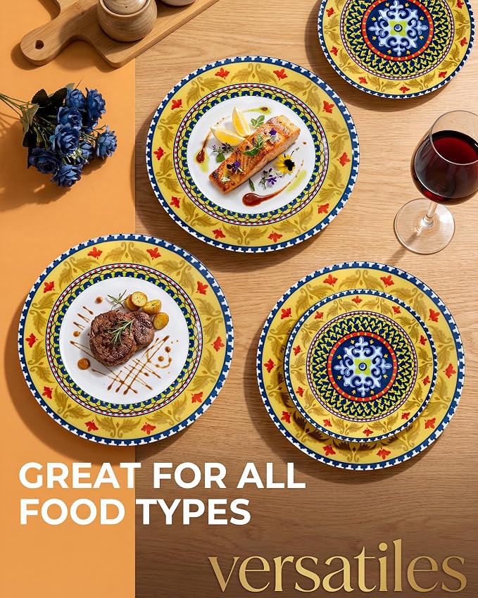 Hioasis 60pcs Plastic Disposable Plates Set - Layered Circular Pattern with Red & Yellow Accents, 10.25 Dinner & 7.5 Dessert Plates for Wedding,Anniversary,Party and Holiday